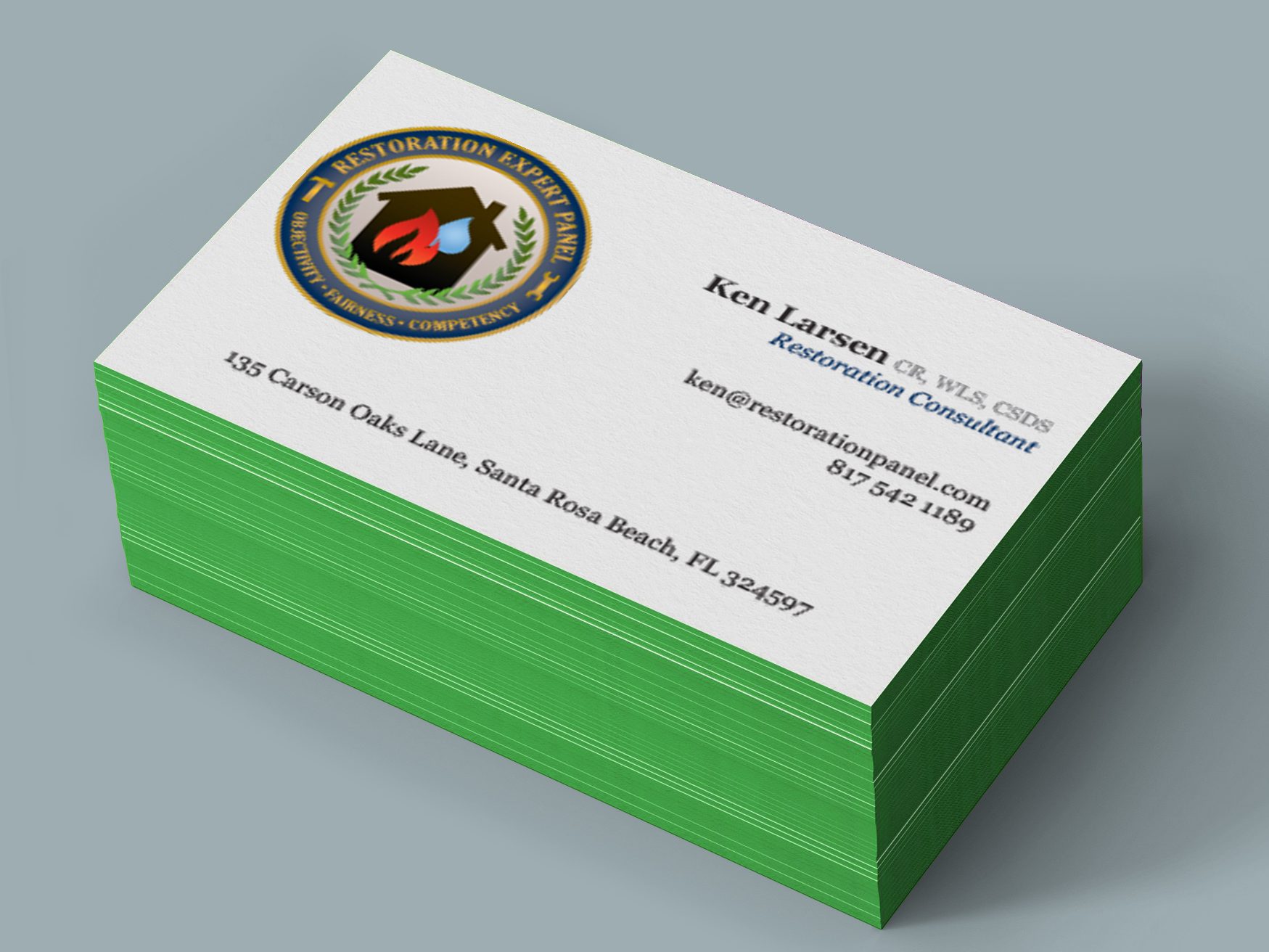Business cards for Restoration Expert Panel. Client opted to go with a card with a green edge. 