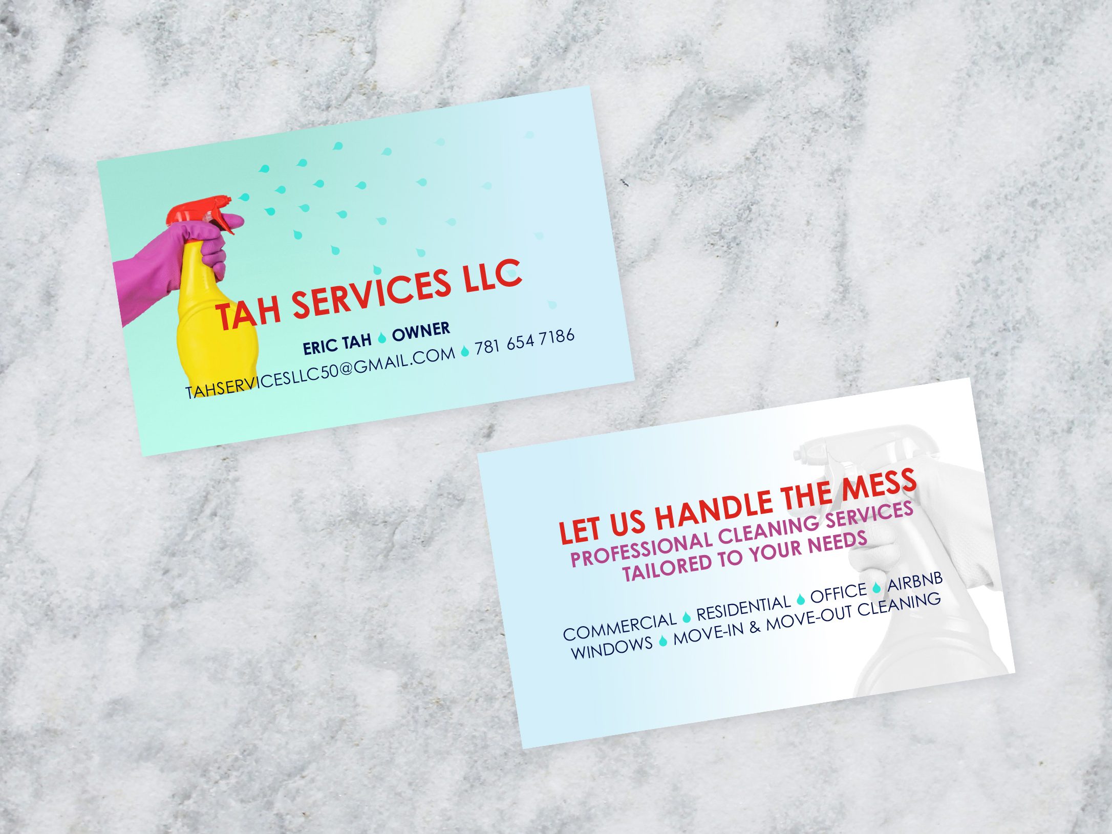 Business cards for Tah Services LLC, a cleaning service. Front and back shown.